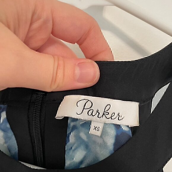 PARKER Nika Keyhole Dress Blue Floral Black Trim Sleeveless SILK Mini Fit Flare - Picture 4 of 12